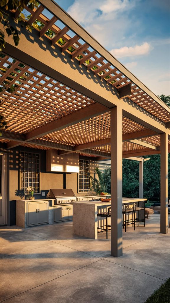 Lattice Roof Design Backyard Patio Designs With Pergola And Kitchen 